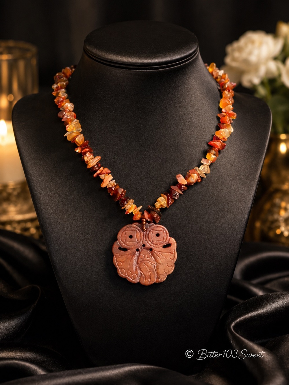🔴  Handcrafted Carnelian Chip Necklace with Carved Pendant